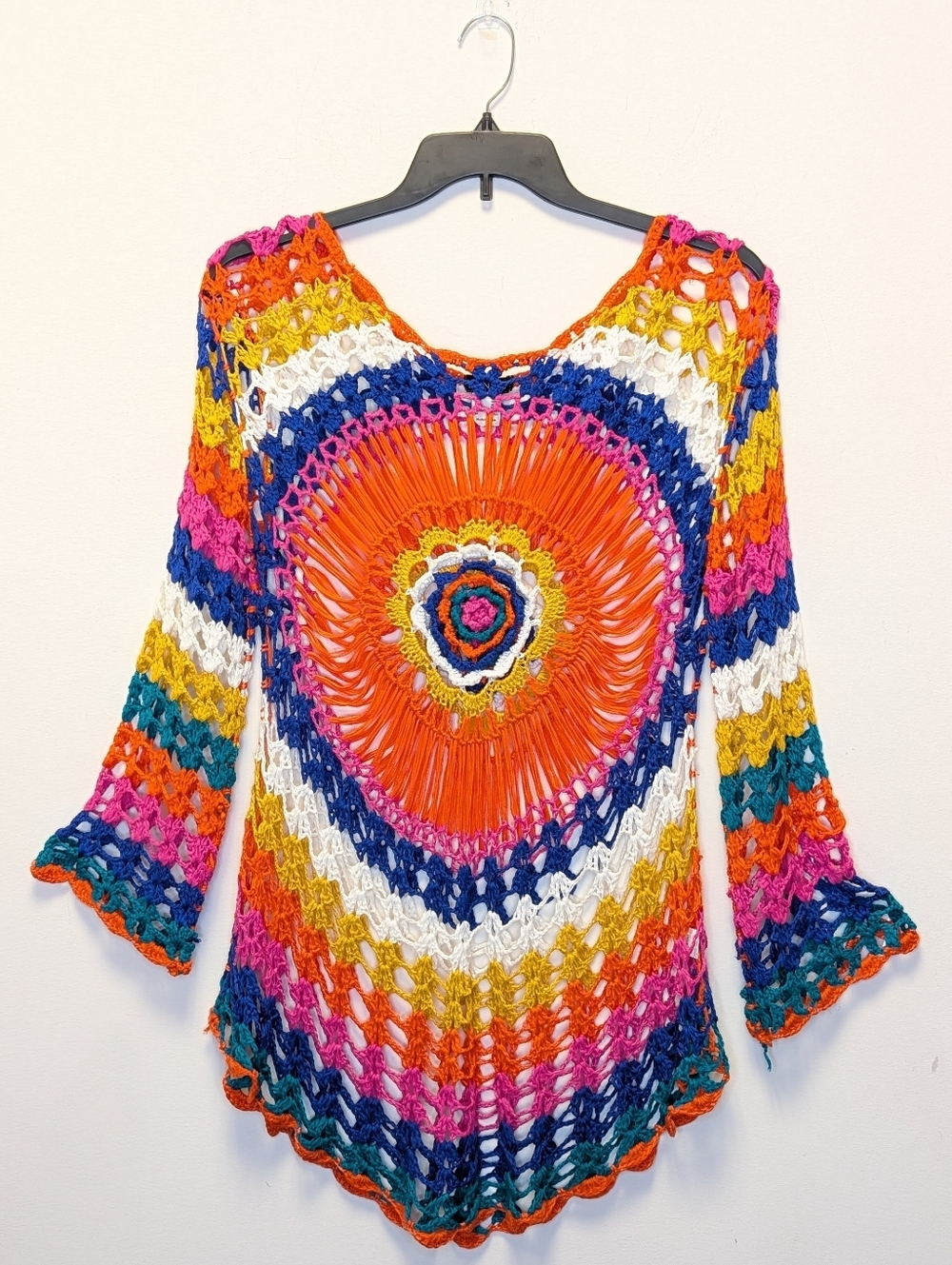 VENUS Crochet Rainbow Tunic Cover Up Boho Hippie Festival Sweater L/XL